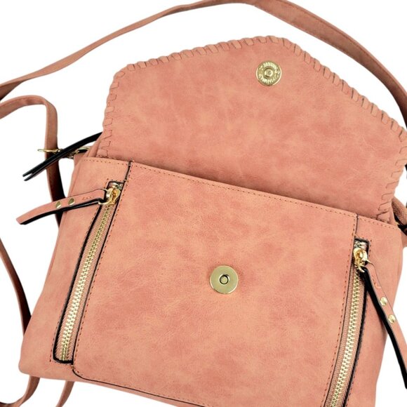 Versatile Blush Brown Braided Crossbody Purse Multi-Pocket Design Striped Lining - Picture 8 of 12